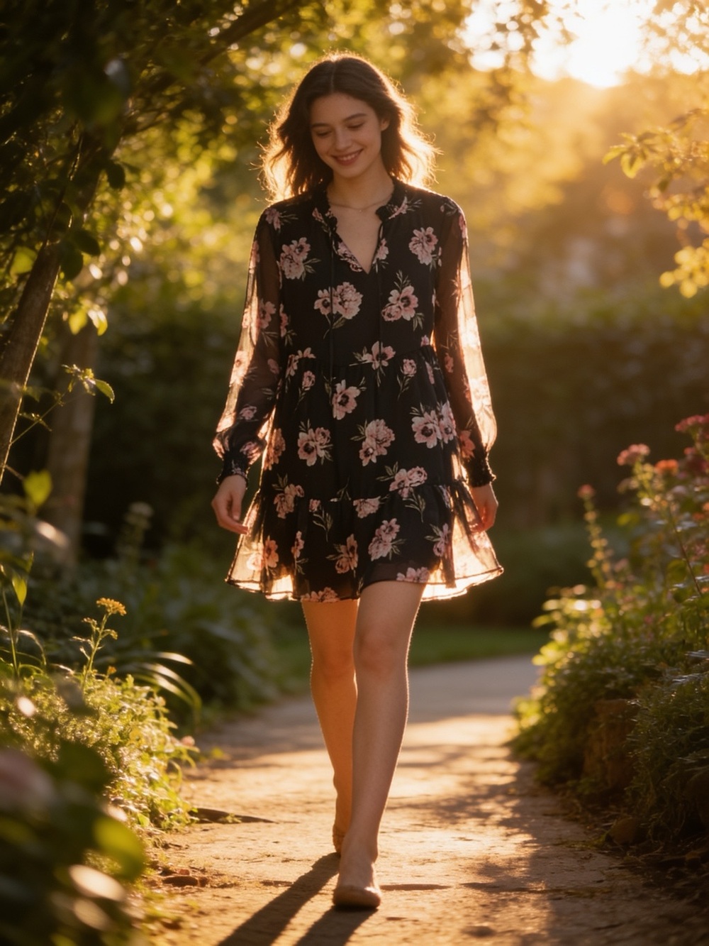 Women’s Black Floral Long-Sleeve Mini Dress - Pink Floral Print